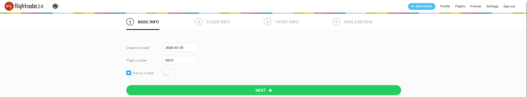Adding a flight to myFlightradar24 by inputting the date and flight number.