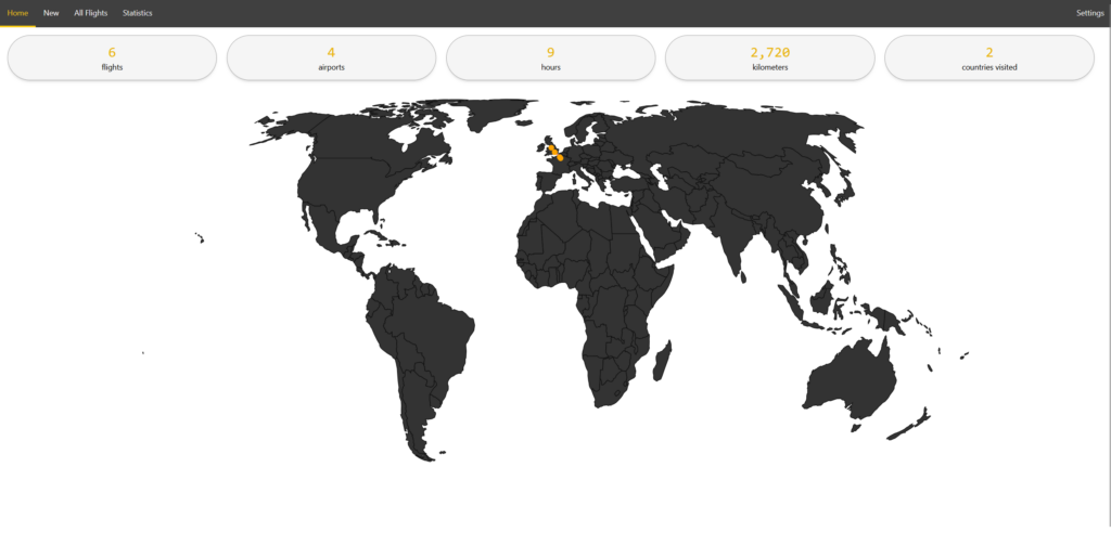 The Jetlog dashboard, showing key statistics: number of flights, airports, flight hours, KM flown, countries visited and a map showing all flights.