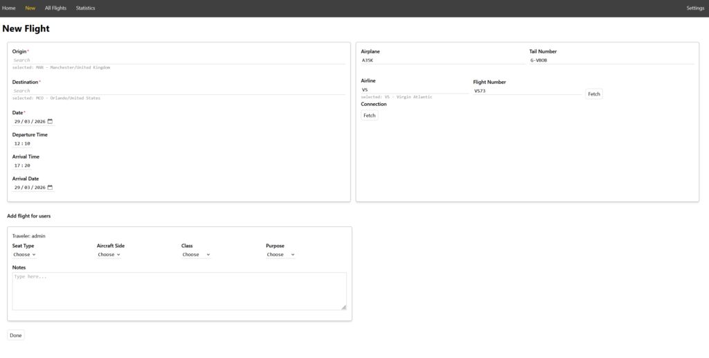 New flight page from Jetlog, with fields to input all necessary information regarding the flight.